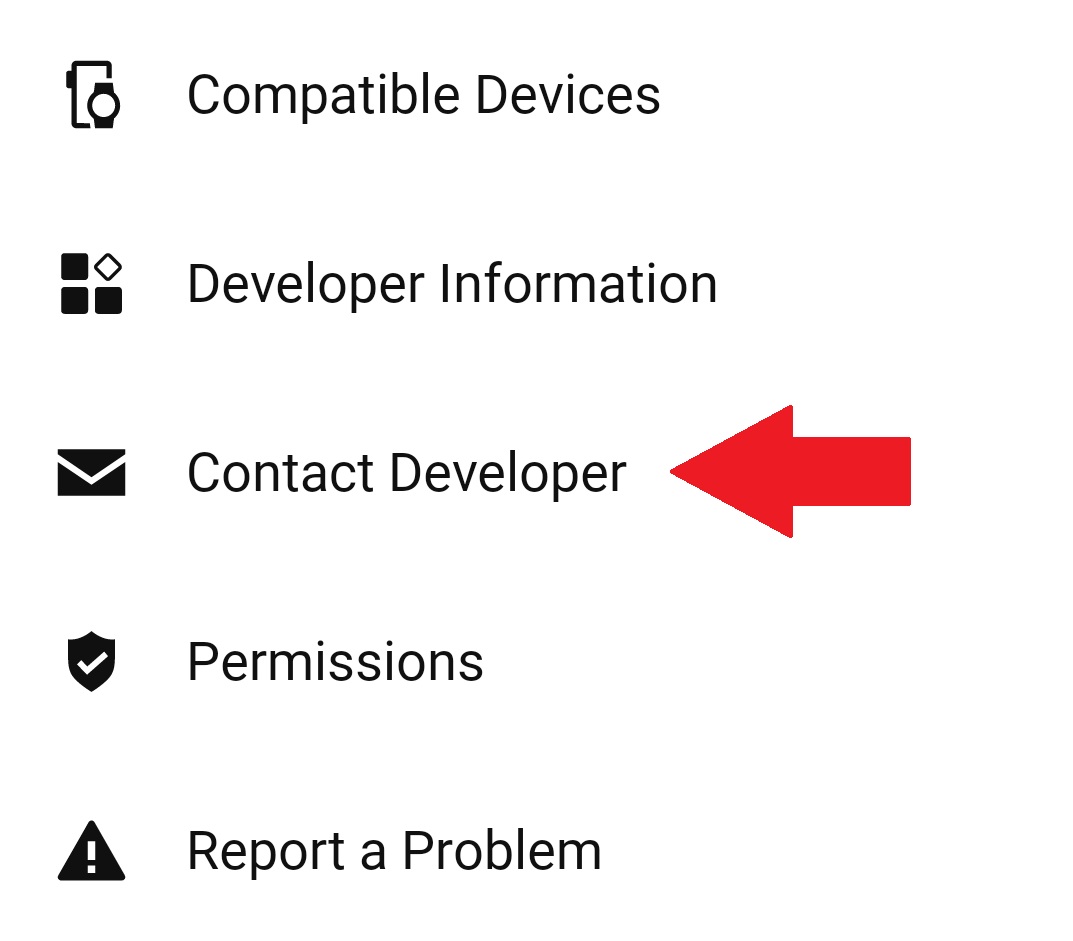 Garmin Connect IQ mobile app showing the Contact Developer link on the TubeWitch page