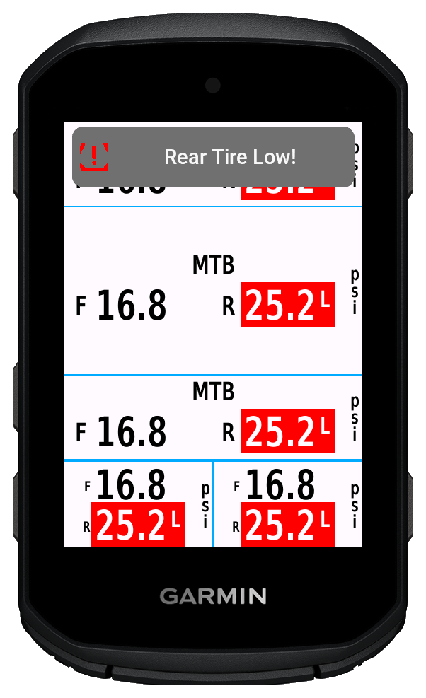 TubeWitch dual-pressure layout with a rear tire low popup on a Garmin Edge device
