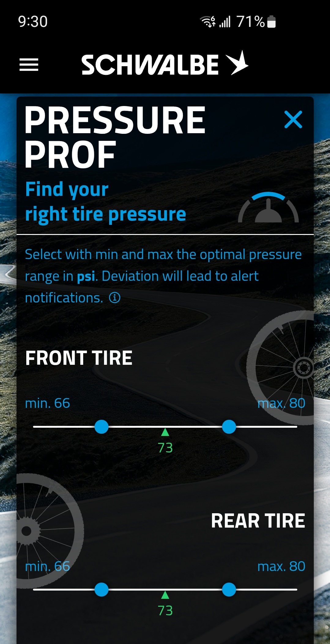 Schwalbe mobile app showing AIRMAX sensor information