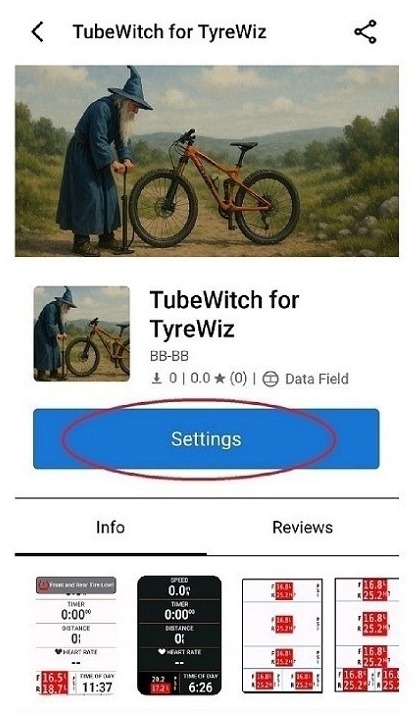 TubeWitch Garmin Connect IQ app page showing the Settings button